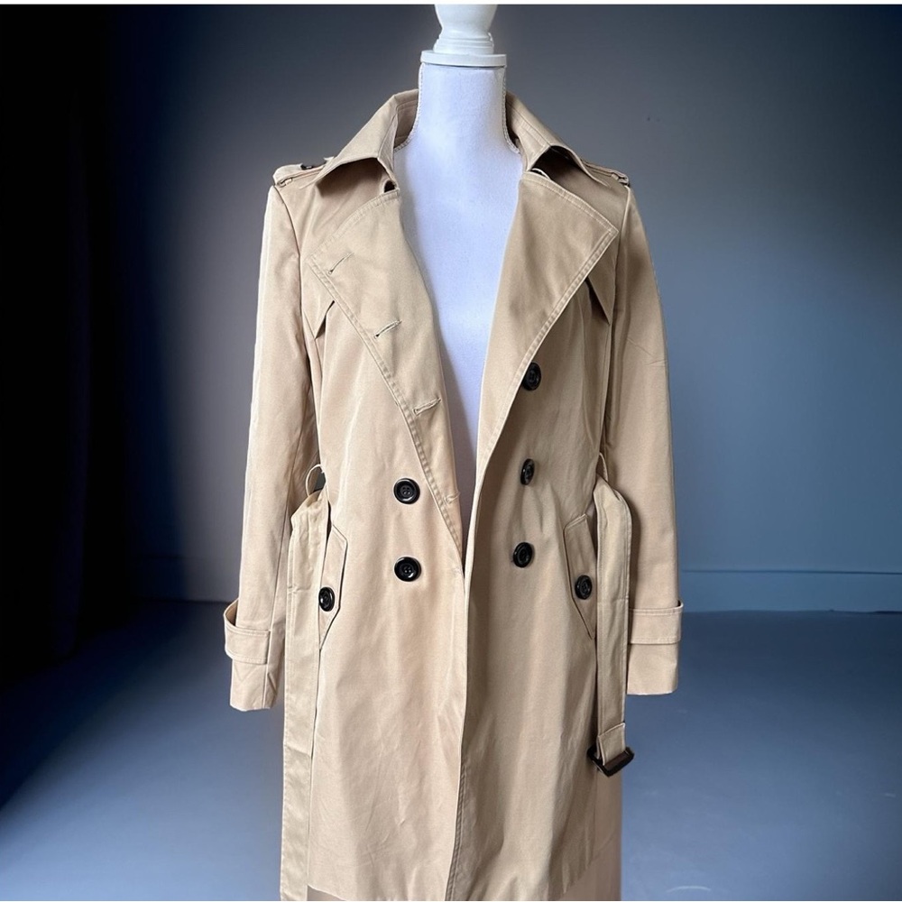 🧥 Farvalue Beige Trenchcoat, large, double breasted, buttons, knee length, belt - Picture 6 of 16